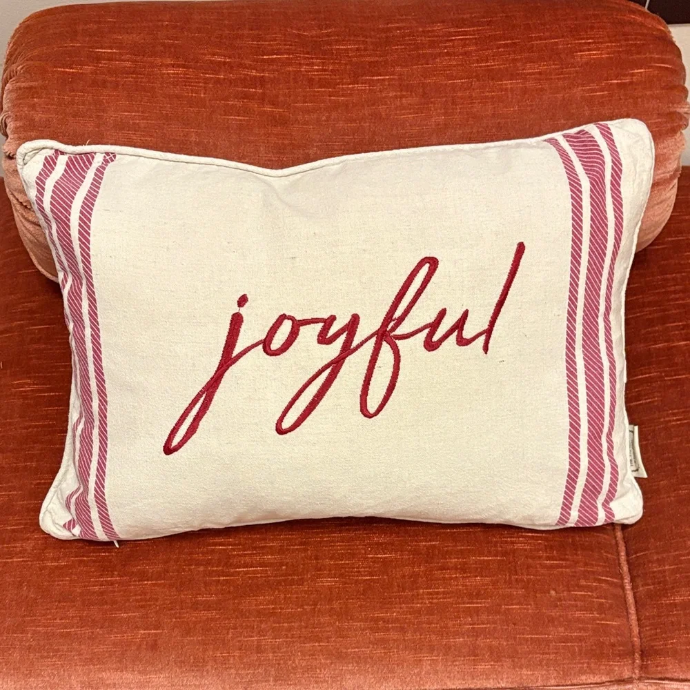 Prairie Rachel Ashwell Joyful Embroidered Holiday Throw Pillow Red Natural 18x11